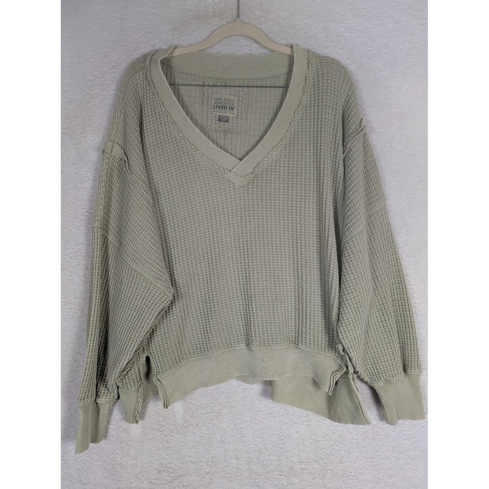American Eagle Waffle Knit Top Women's XS Sage Green Oversized V-Neck Lived-In